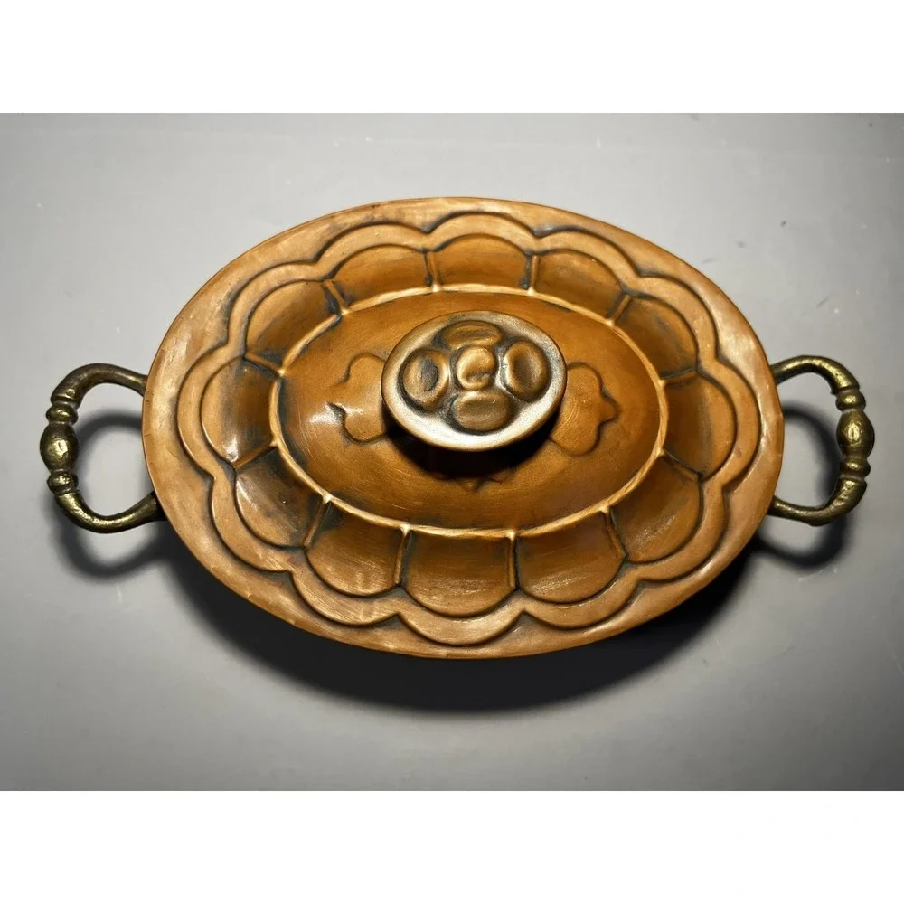 Vintage Copper Covered Serving Dish Tureen Medium‎ Oval Brass Handles Liner